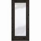 Full-length glass wine cellar door with square top, dark wood frame with knots