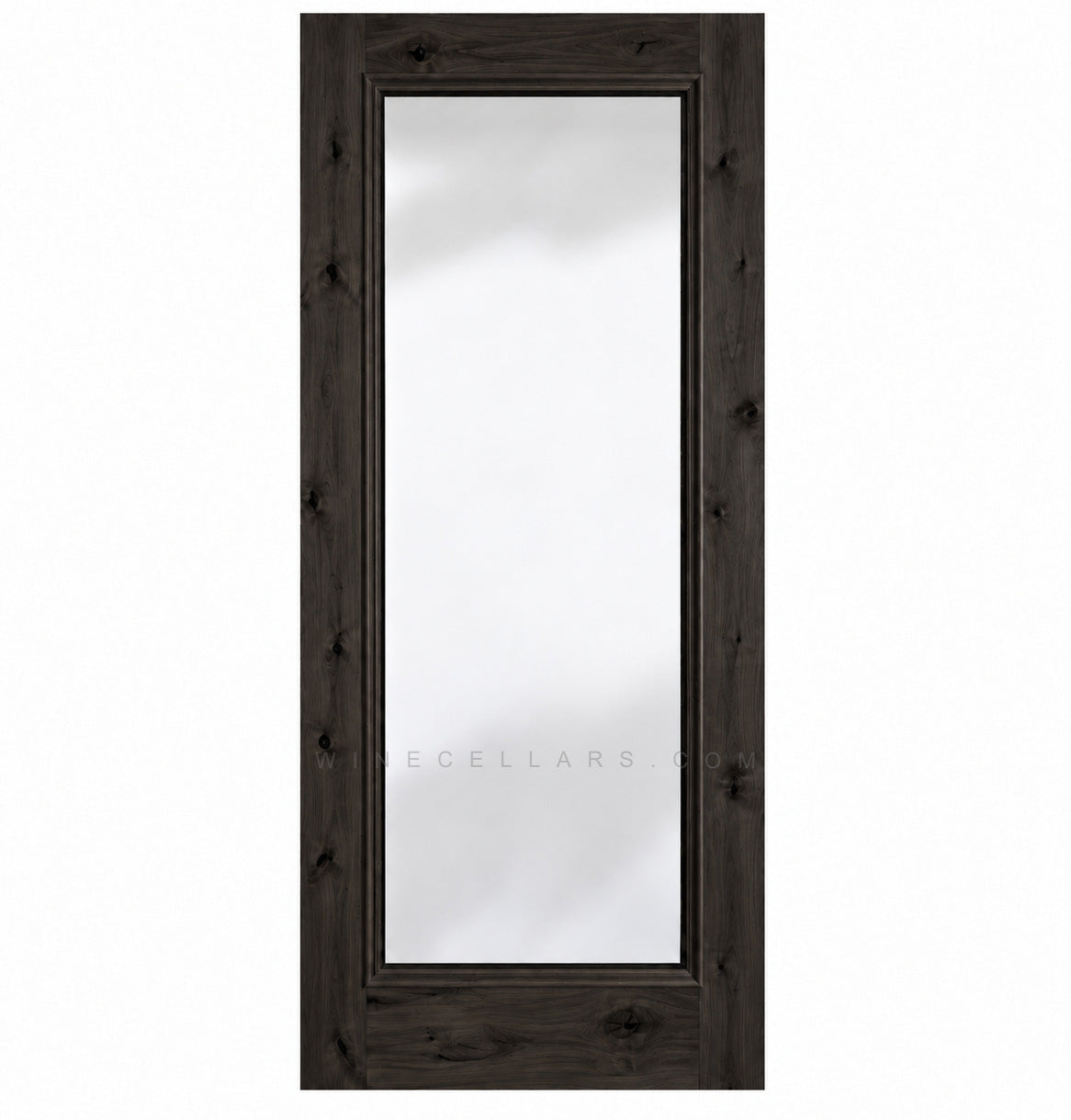 Full-length glass wine cellar door with square top, dark wood frame with knots