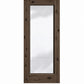 Full-length glass wine cellar door with square top, medium wood frame with knots