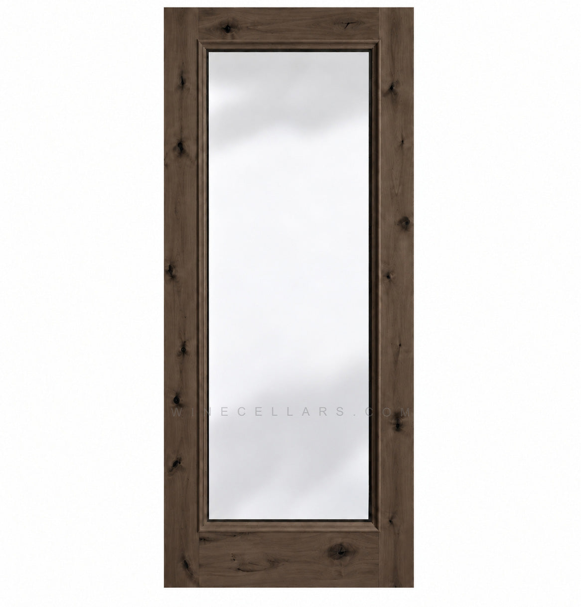Full-length glass wine cellar door with square top, medium wood frame with knots