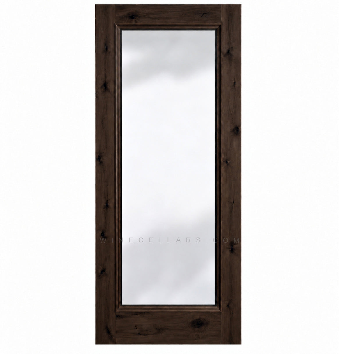 Wine cellar door with full-length glass, rustic dark brown wood frame, square top
