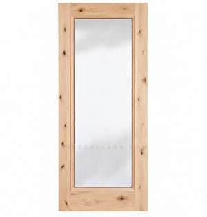 Wine cellar door with full-length glass, pale knotty light wood frame, square top