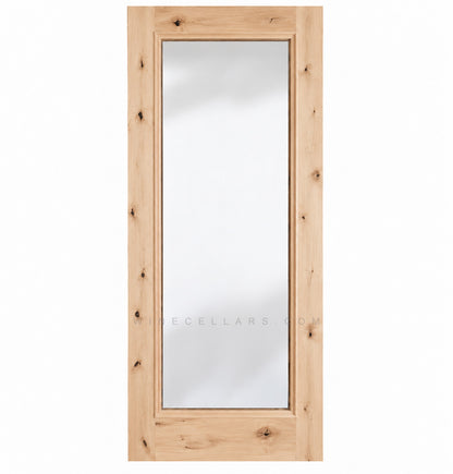 Wine cellar door with full-length glass, pale knotty light wood frame, square top