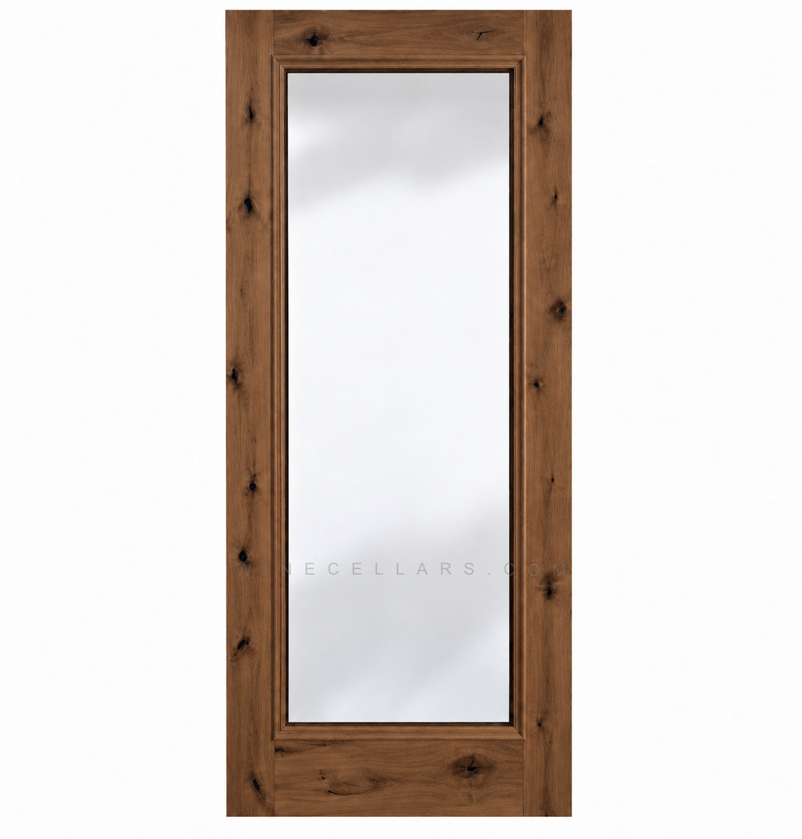 Full-length glass wine cellar door with square top, knotty light wood frame
