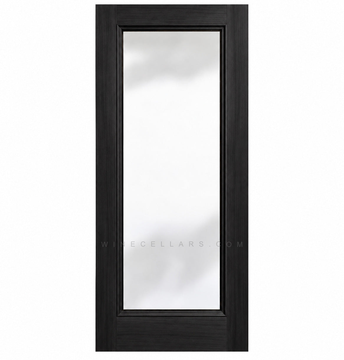 Wine cellar door with full-length glass, black wood frame, square top