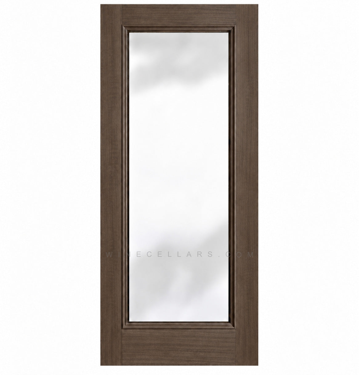 Full-length glass wine cellar door with square top, gray-toned wood frame