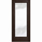 Full-length glass wine cellar door with square top, deep brown wood frame
