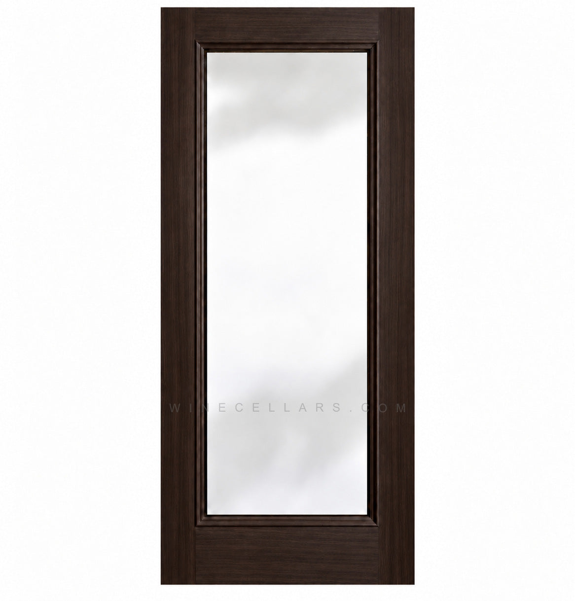 Full-length glass wine cellar door with square top, deep brown wood frame