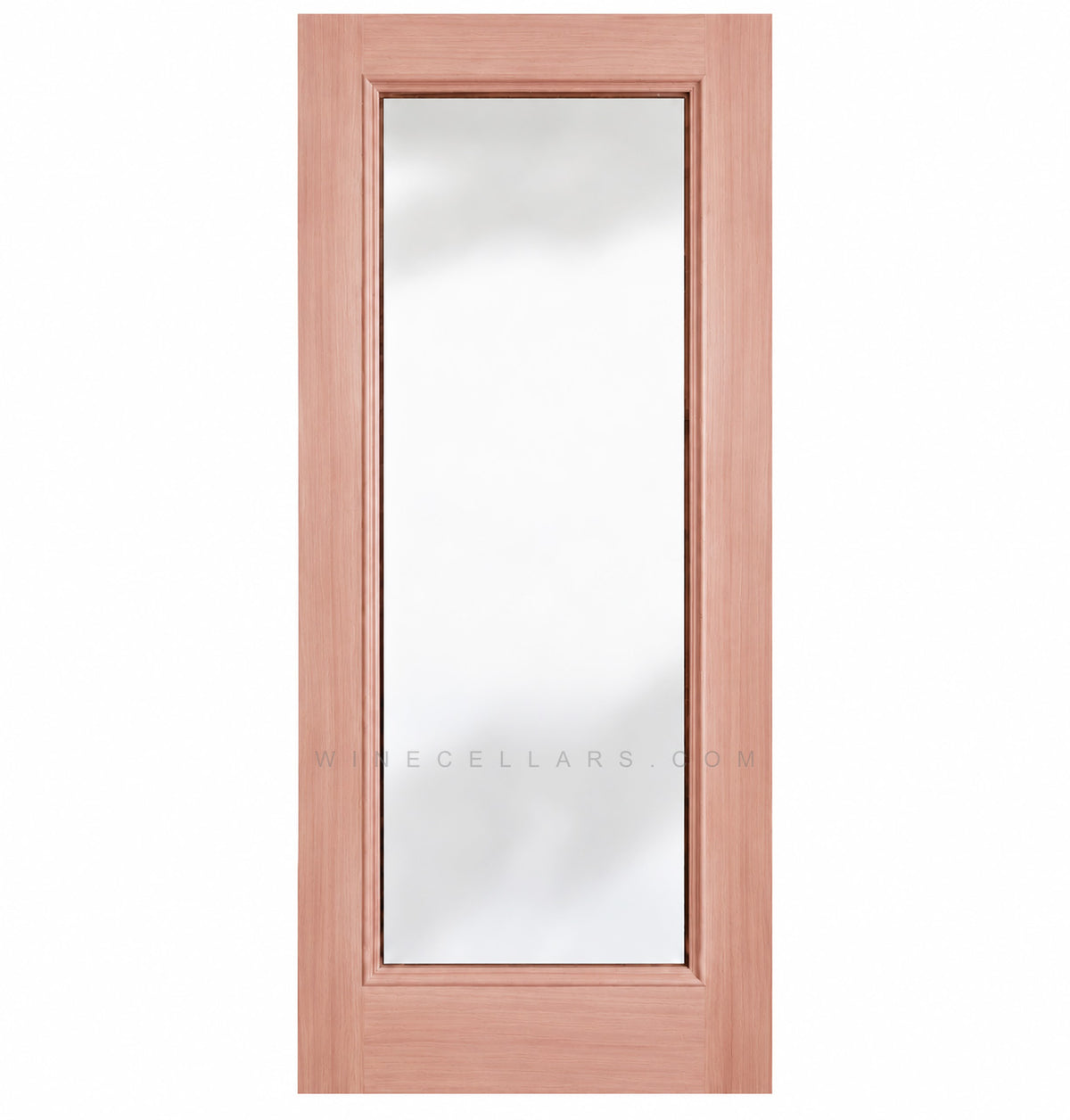 Wine cellar door with full-length glass, reddish wood frame, square top