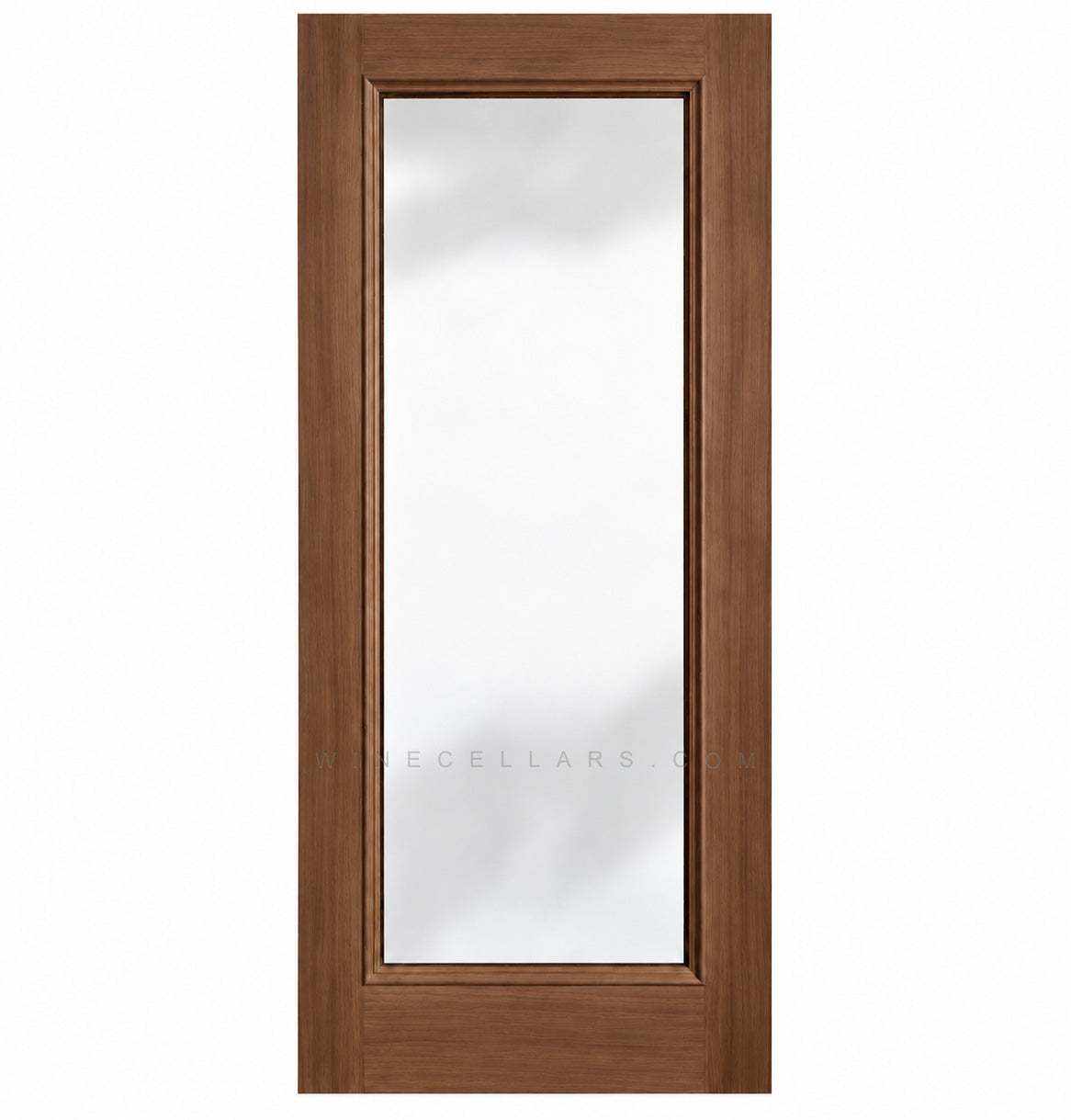 Wine cellar door with full-length glass, warm brown wood frame, square top