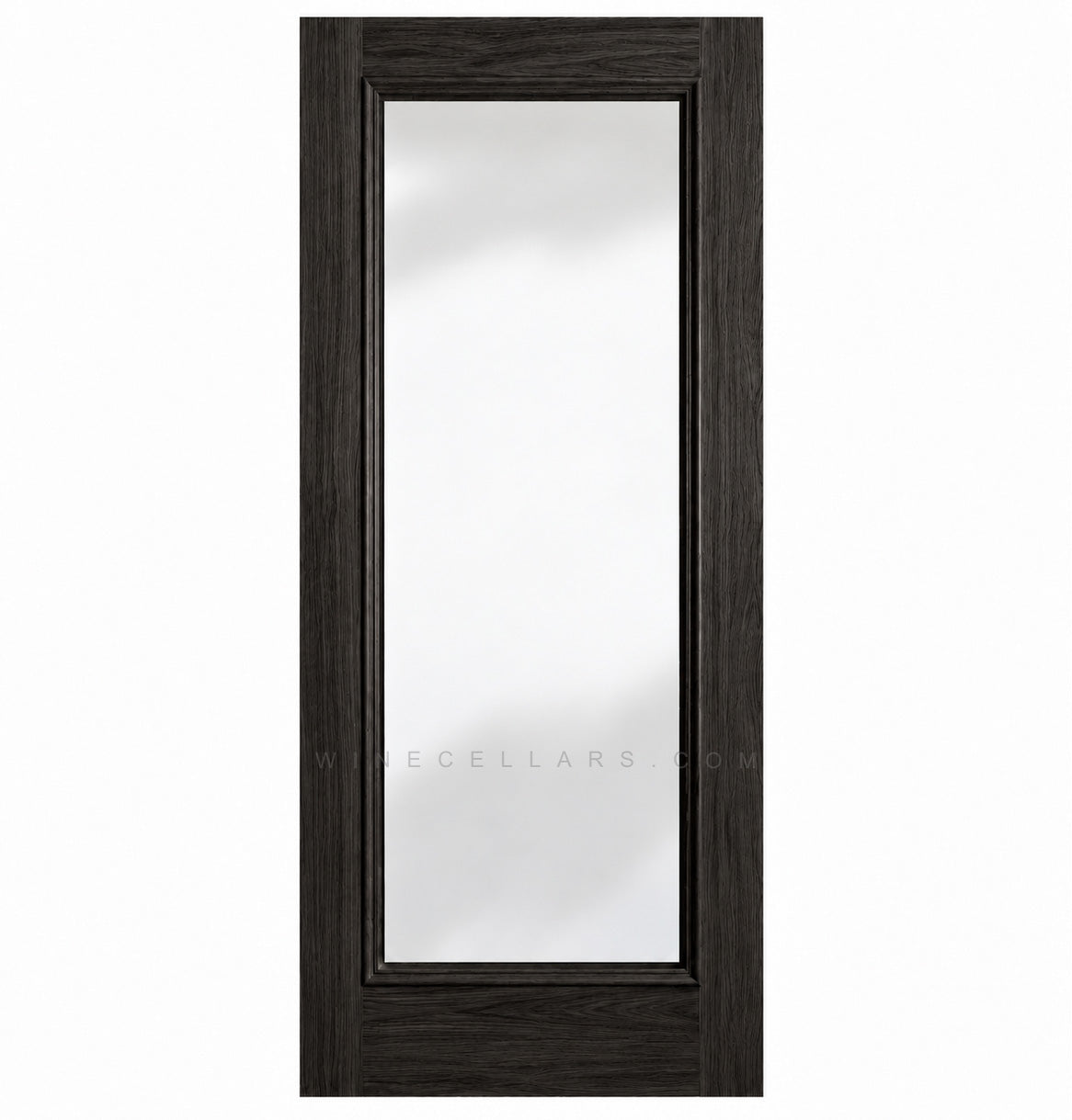 Wine cellar door with full-length glass, dark charcoal wood frame, square top