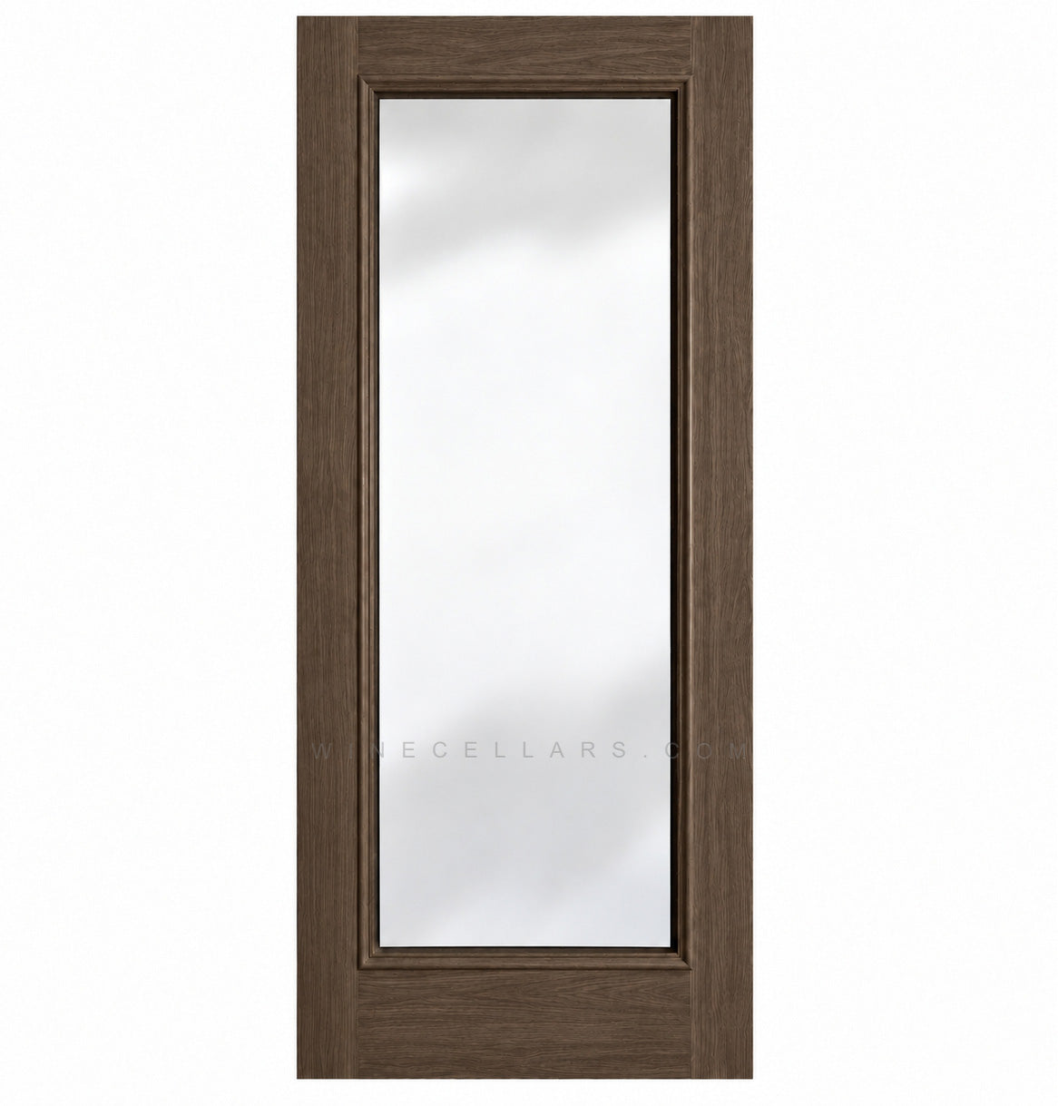 Wine cellar door with full-length glass, dark brown wood frame, square top