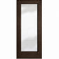 Full-length glass wine cellar door with square top, dark brown wood frame