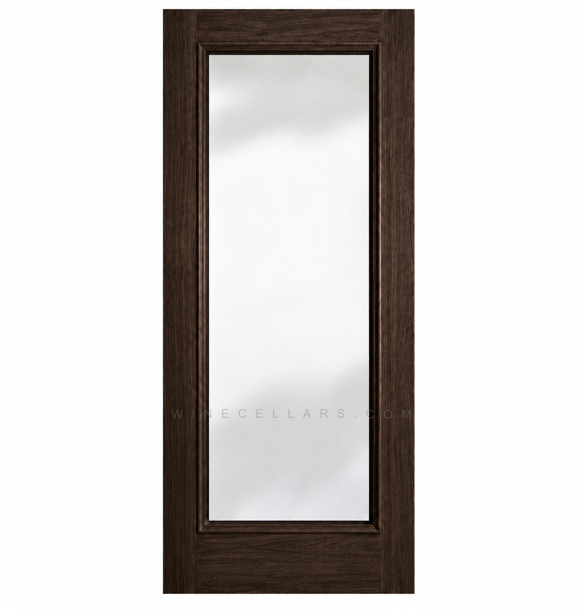 Full-length glass wine cellar door with square top, dark brown wood frame