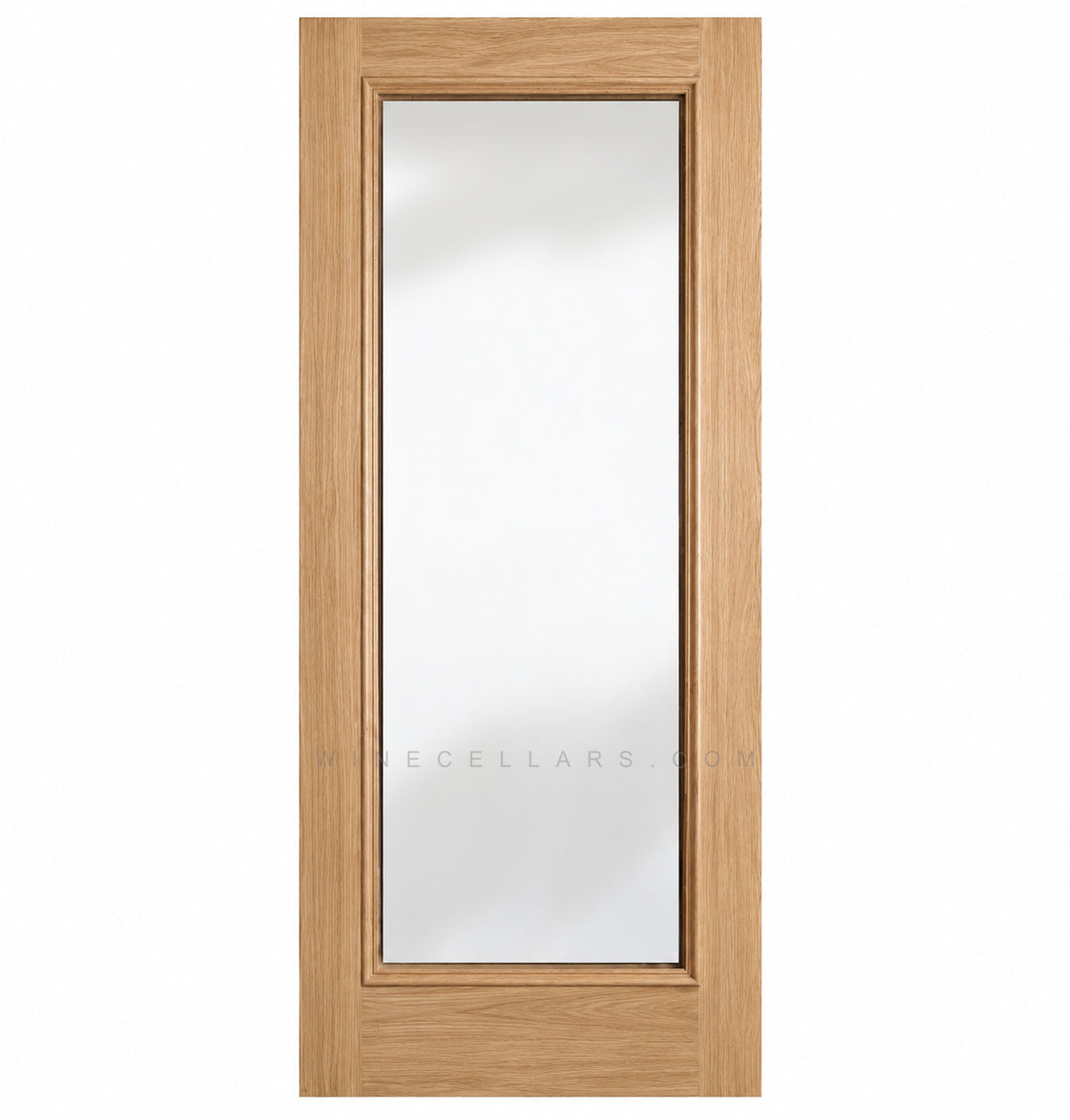 Wine cellar door with full-length glass, light tan wood frame, square top