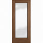 Wine cellar door with full-length glass, medium dark brown wood frame, square top