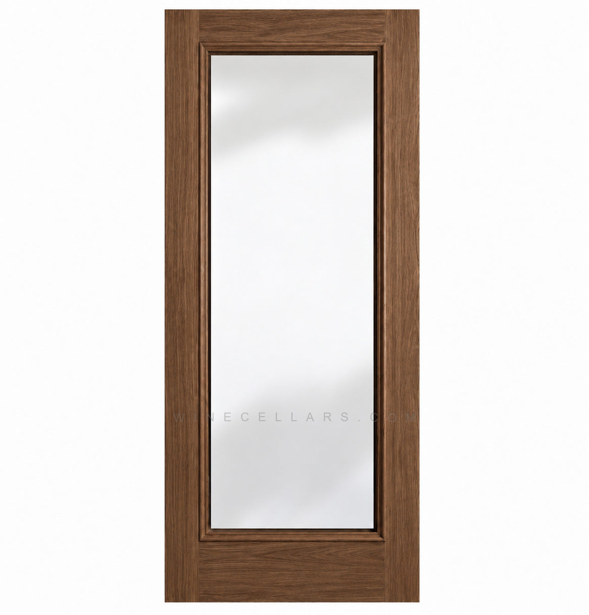 Wine cellar door with full-length glass, medium dark brown wood frame, square top