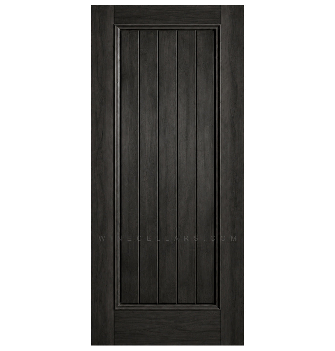 Square-top solid wood wine cellar door, dark finish with vertical plank panels and frame.