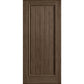 Square-top solid wood wine cellar door, medium-light brown with vertical plank panels and trim.