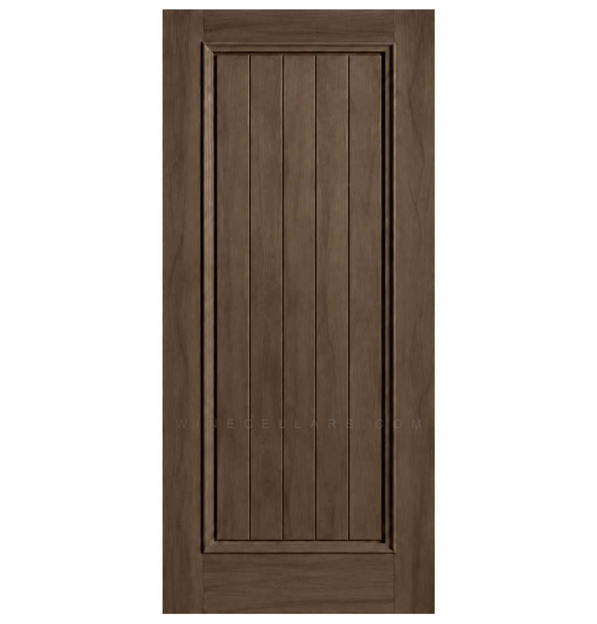 Square-top solid wood wine cellar door, medium-light brown with vertical plank panels and trim.