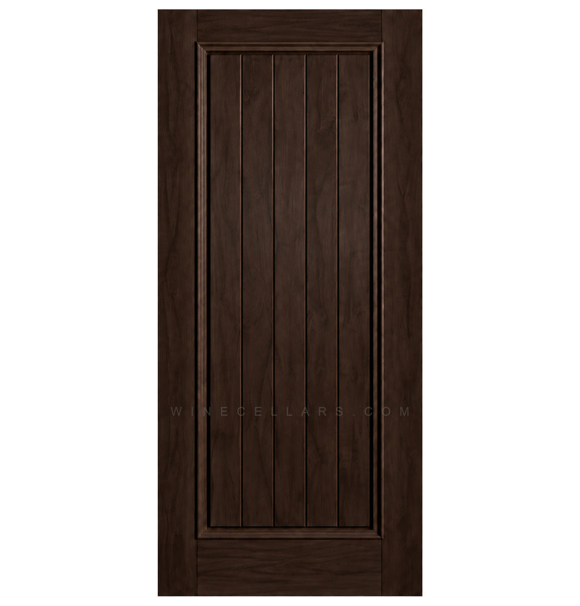Square-top solid wood wine cellar door, dark brown with vertical plank panels and border frame.