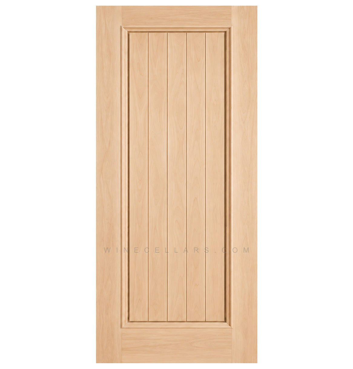 Square-top solid wood wine cellar door, light natural finish with vertical plank panels and frame.