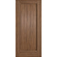 Square-top solid wood wine cellar door, warm medium-brown finish with vertical plank panels.