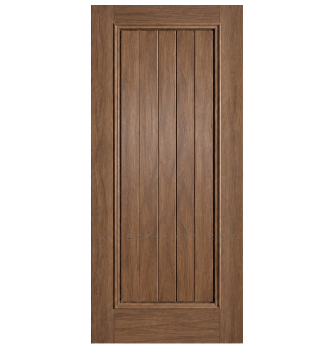 Square-top solid wood wine cellar door, warm medium-brown finish with vertical plank panels.