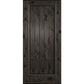 Square-top solid wood wine cellar door, dark charcoal finish with vertical plank panels.