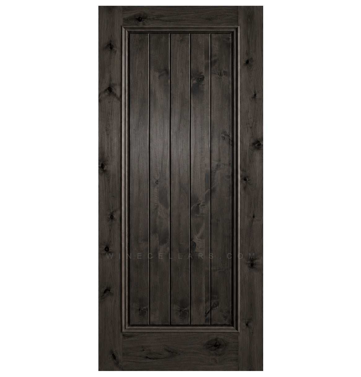 Square-top solid wood wine cellar door, dark charcoal finish with vertical plank panels.