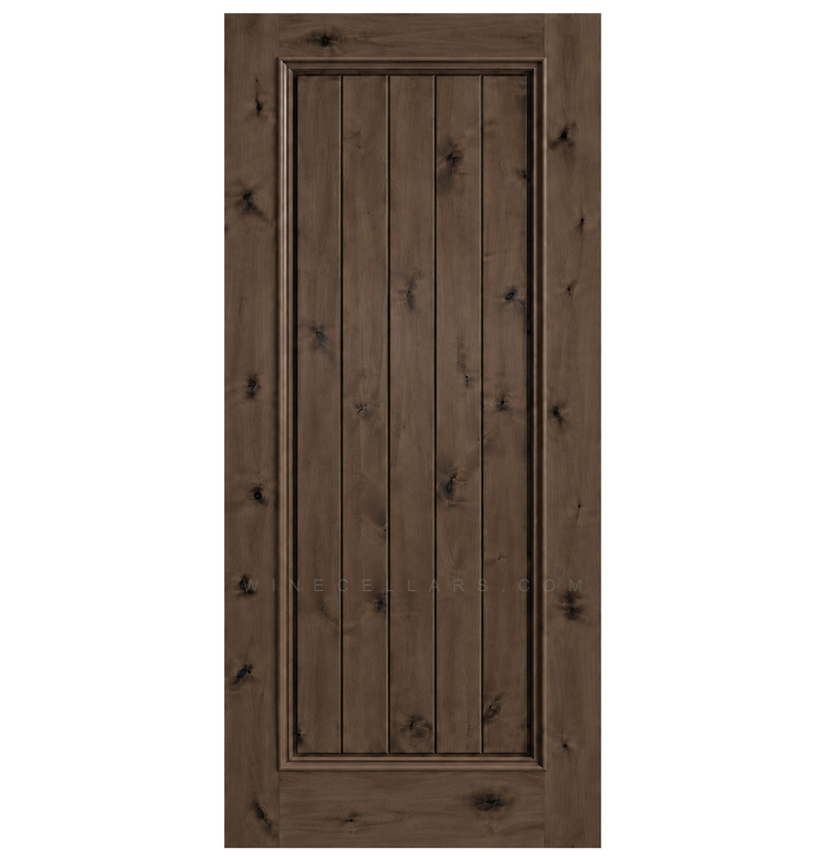 Square-top solid wood wine cellar door, weathered medium-light wood with vertical plank panels.