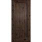 Square-top solid wood wine cellar door, weathered medium wood with vertical plank panels.