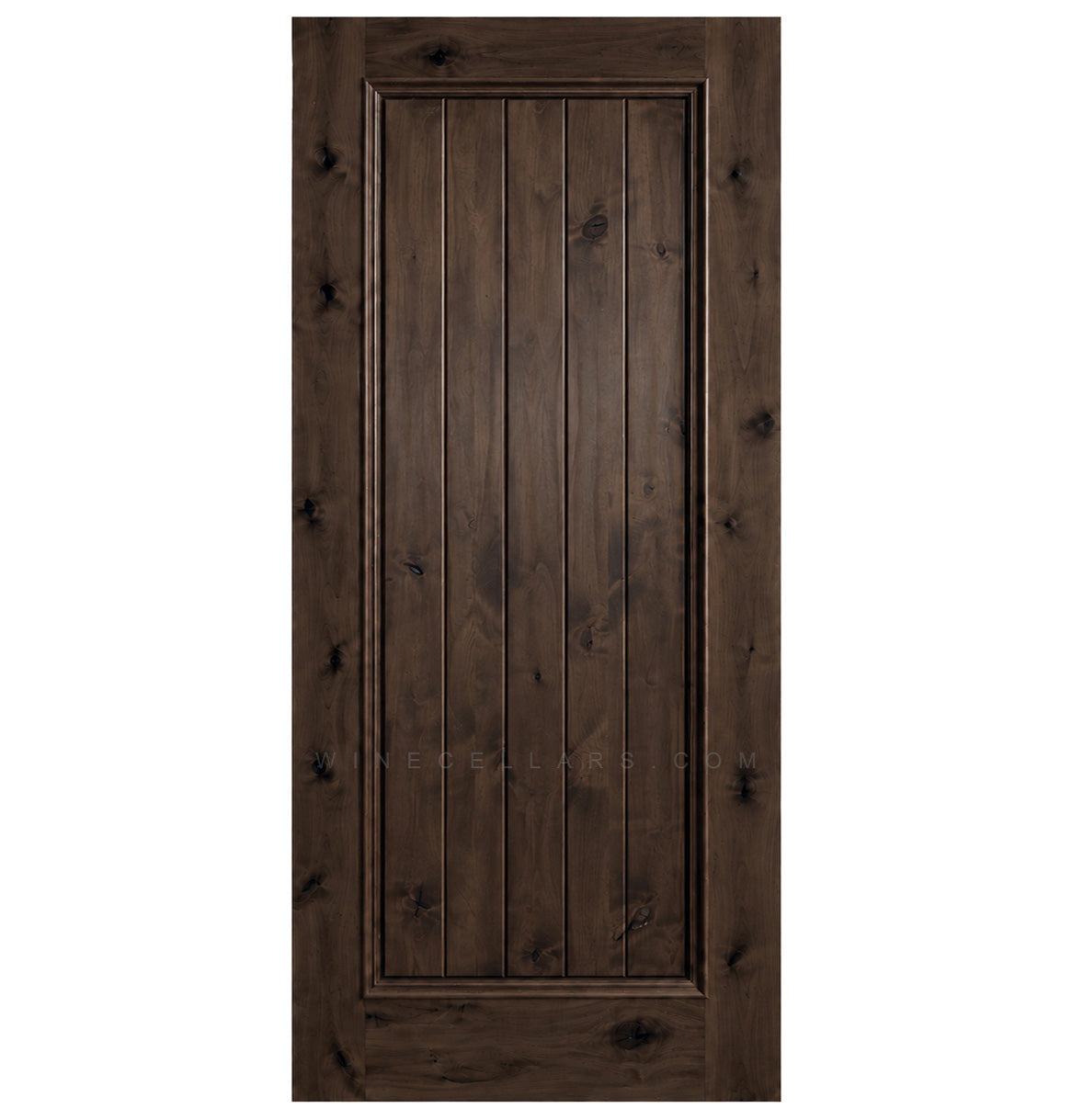Square-top solid wood wine cellar door, weathered medium wood with vertical plank panels.