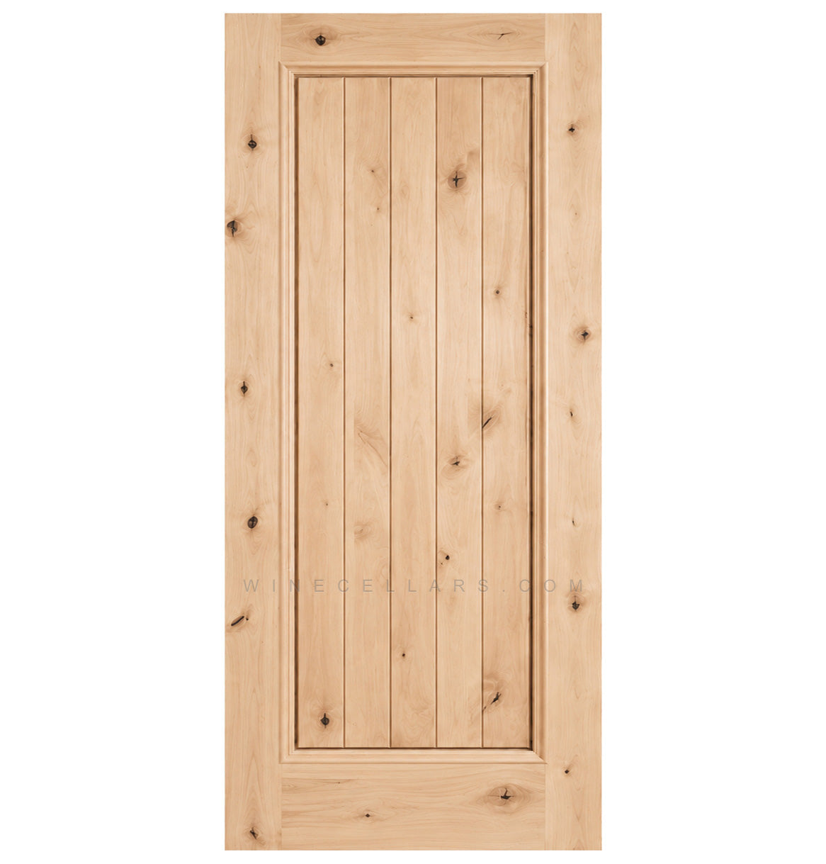 Square-top solid wood wine cellar door, light wood finish with visible knots and vertical panels.