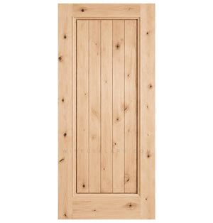 Square-top solid wood wine cellar door, light wood finish with visible knots and vertical panels.
