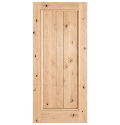 Square-top solid wood wine cellar door, light wood finish with visible knots and vertical panels.