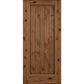 Square-top solid wood wine cellar door, dark wood finish with visible knots and vertical panels.
