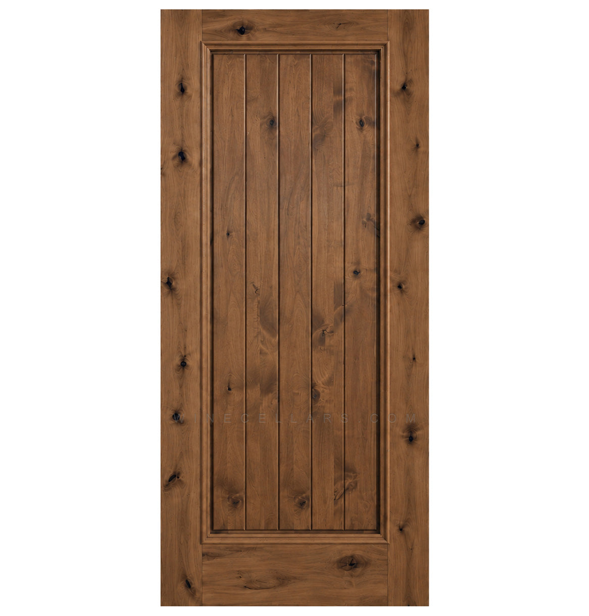 Square-top solid wood wine cellar door, dark wood finish with visible knots and vertical panels.