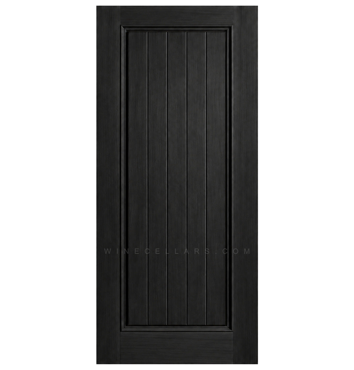 Solid wine cellar door with square top, dark finish, framed vertical panel slats.