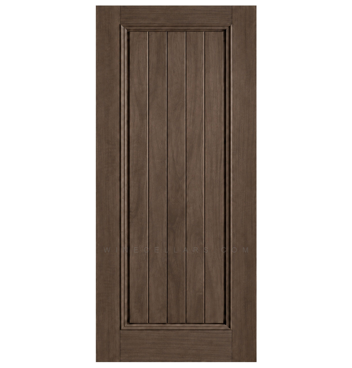 Solid wine cellar door with square top, medium brown finish, framed vertical panel slats.