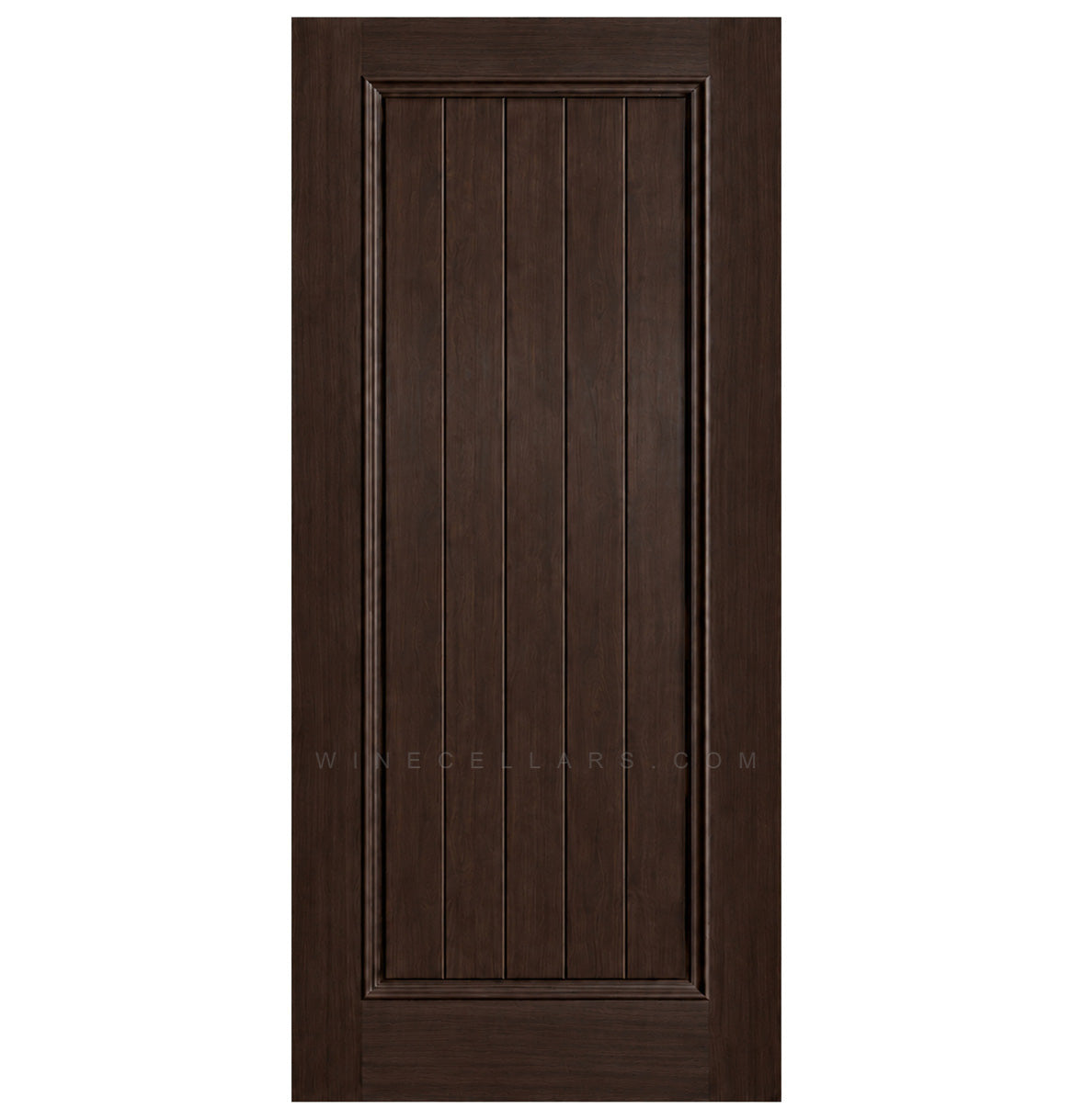 Solid wine cellar door with square top, deep brown finish, framed vertical panel slats.