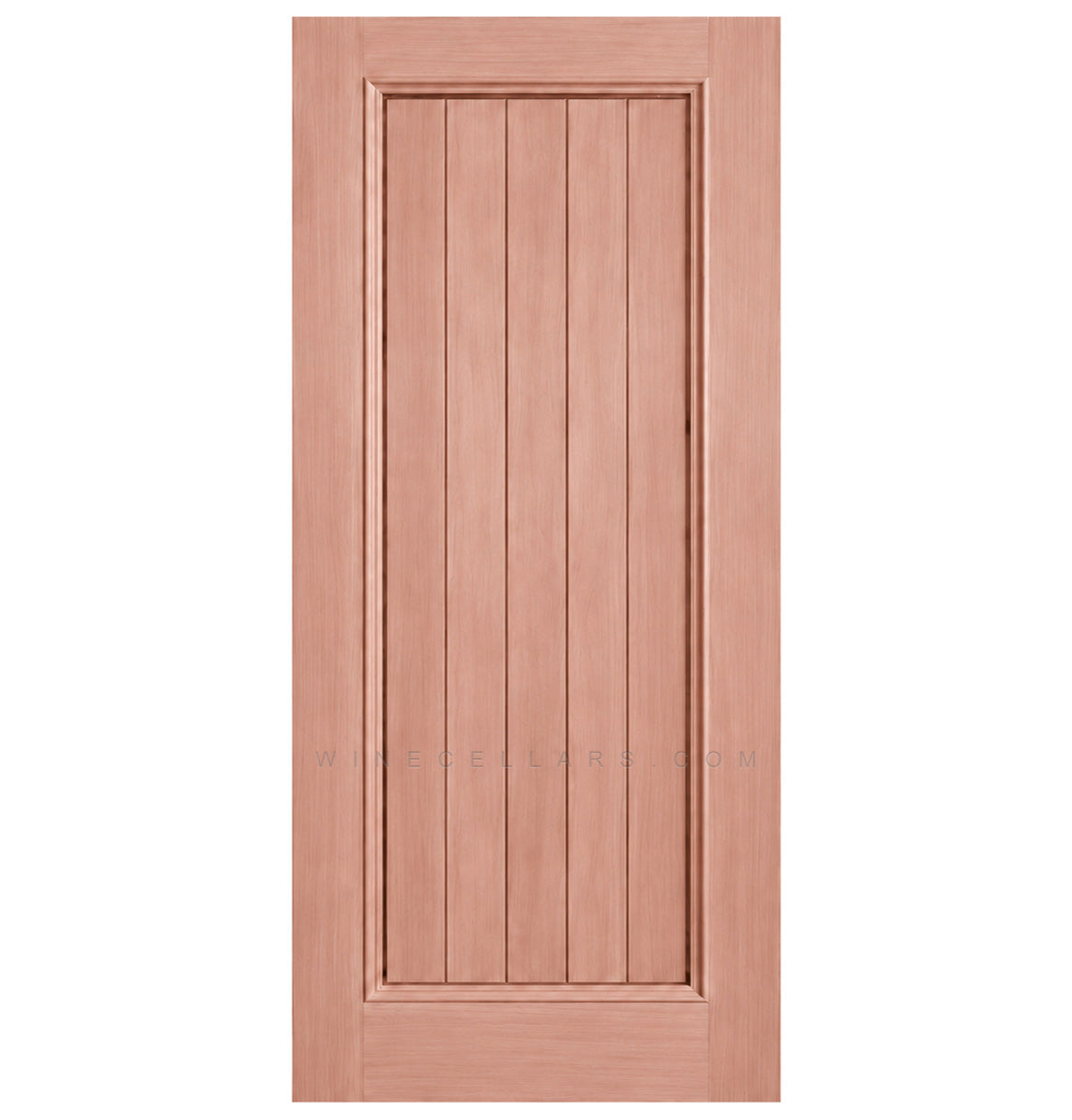 Solid wine cellar door with square top, light pinkish-brown finish, framed vertical panel slats.