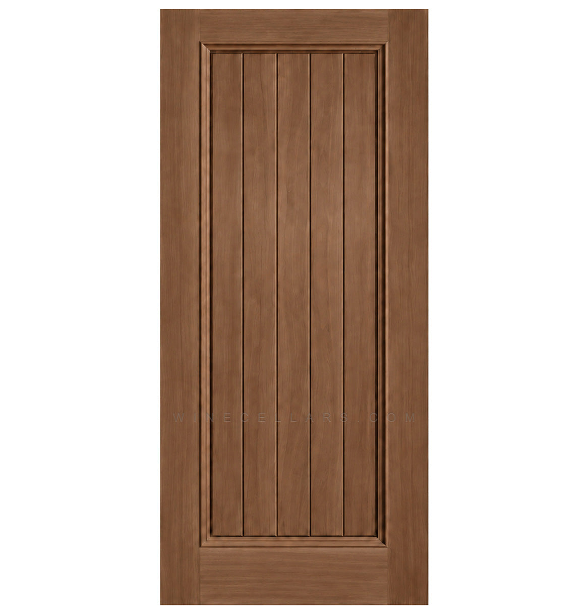 Solid wine cellar door with square top, warm brown finish, framed vertical panel slats.
