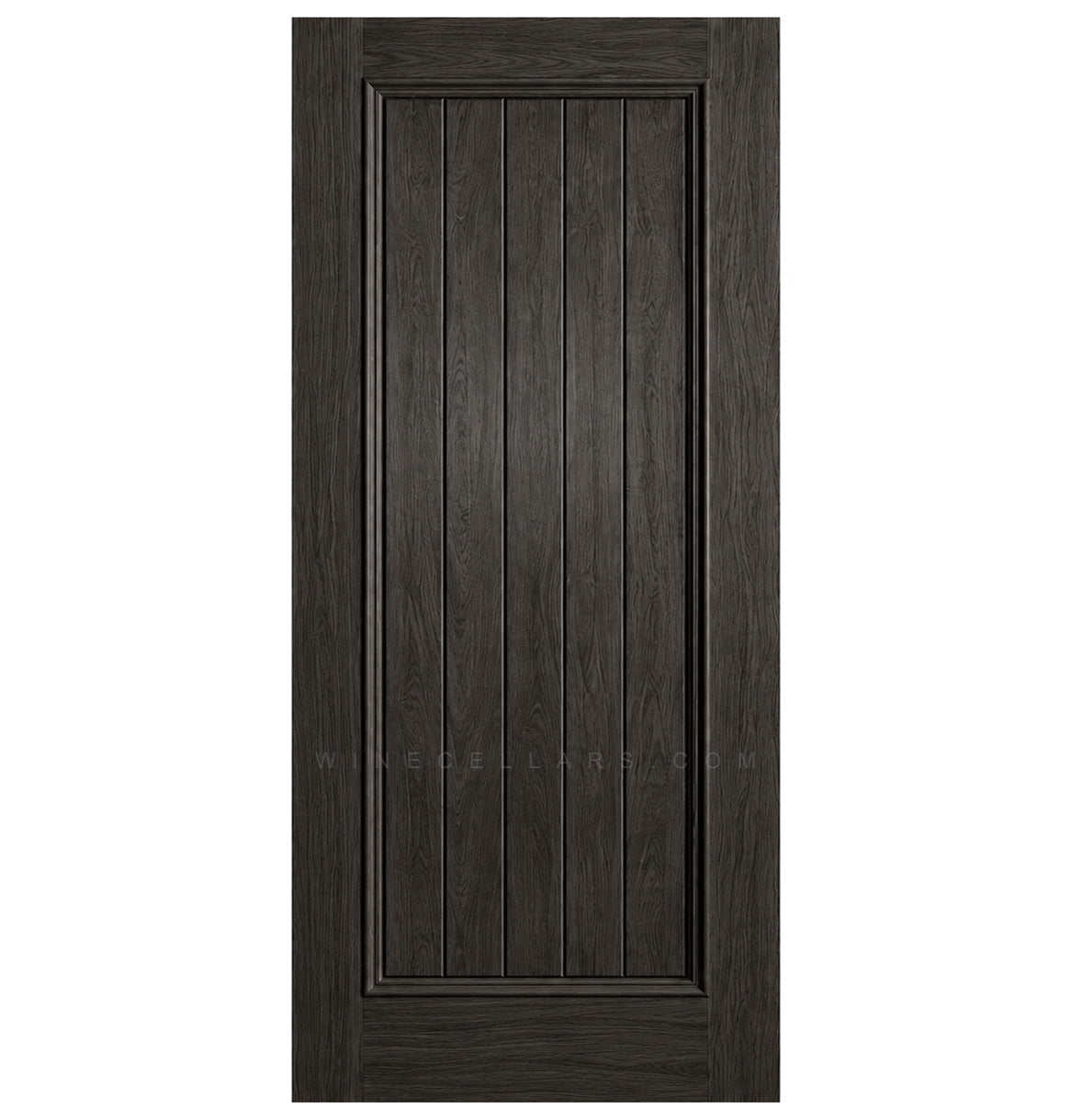 Solid wine cellar door with square top, dark charcoal finish, framed vertical panel slats.