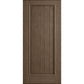 Solid wine cellar door with square top, taupe-brown finish, framed vertical panel slats.