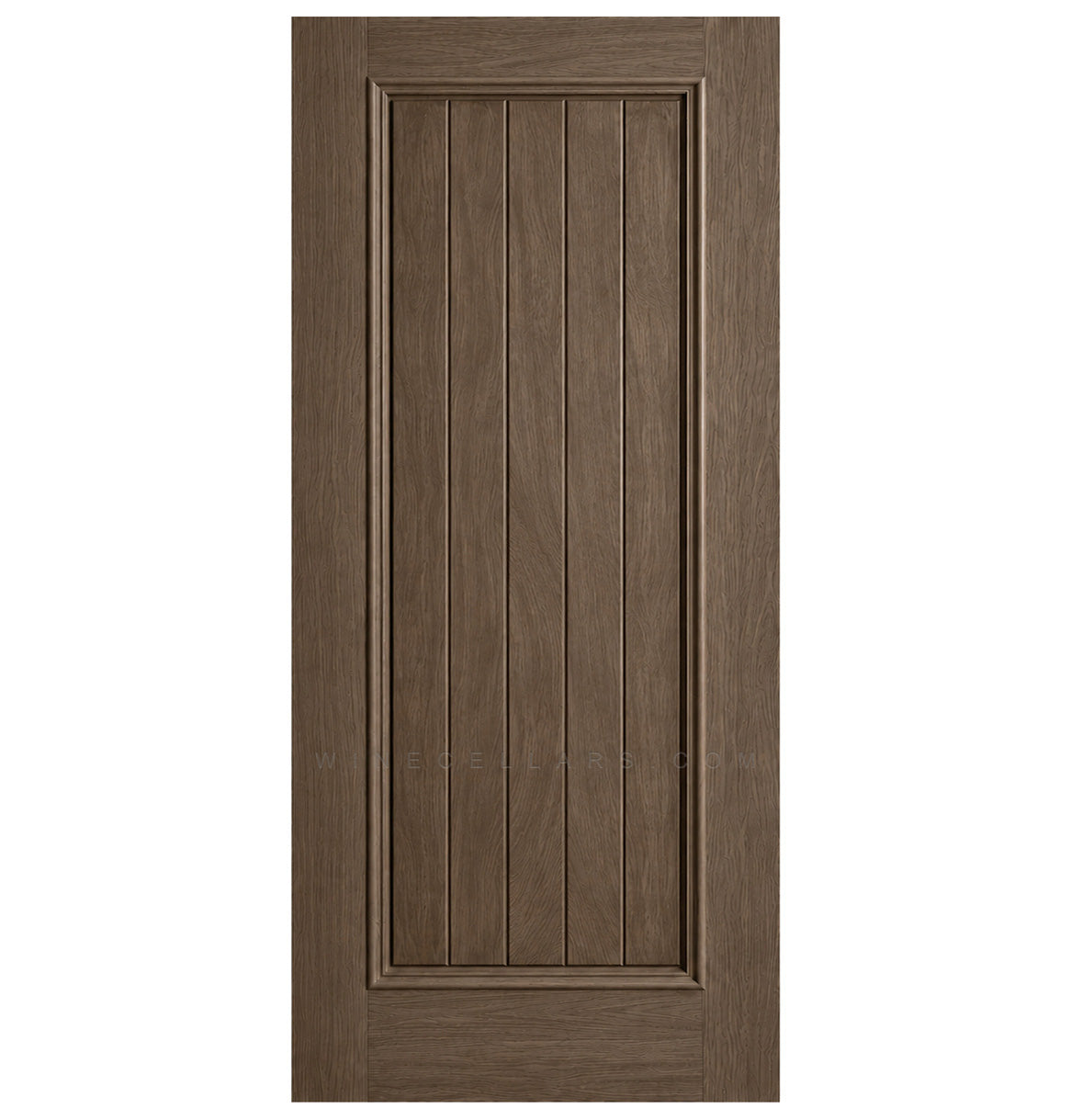 Solid wine cellar door with square top, taupe-brown finish, framed vertical panel slats.