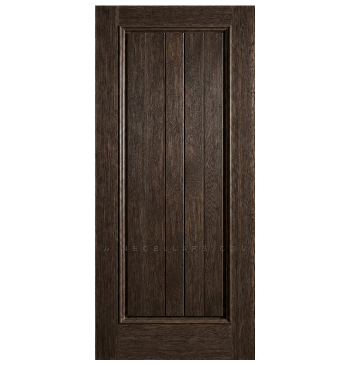 Solid wine cellar door with square top, dark brown finish, framed vertical panel slats.