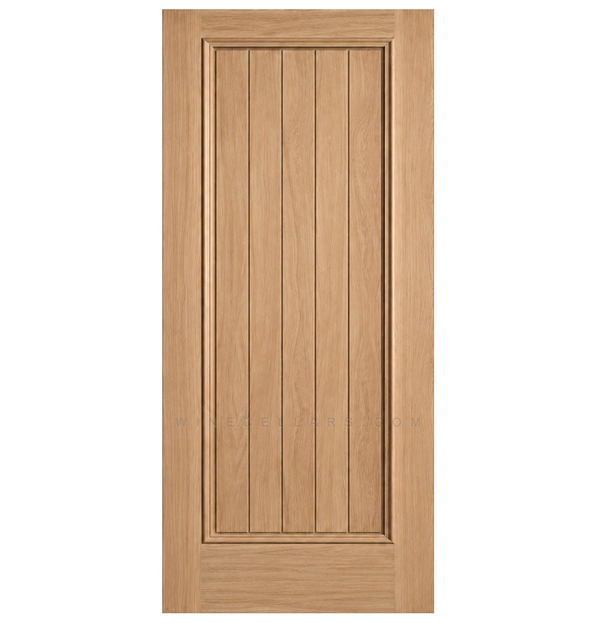 Solid wine cellar door with square top, light tan finish, framed vertical panel slats.