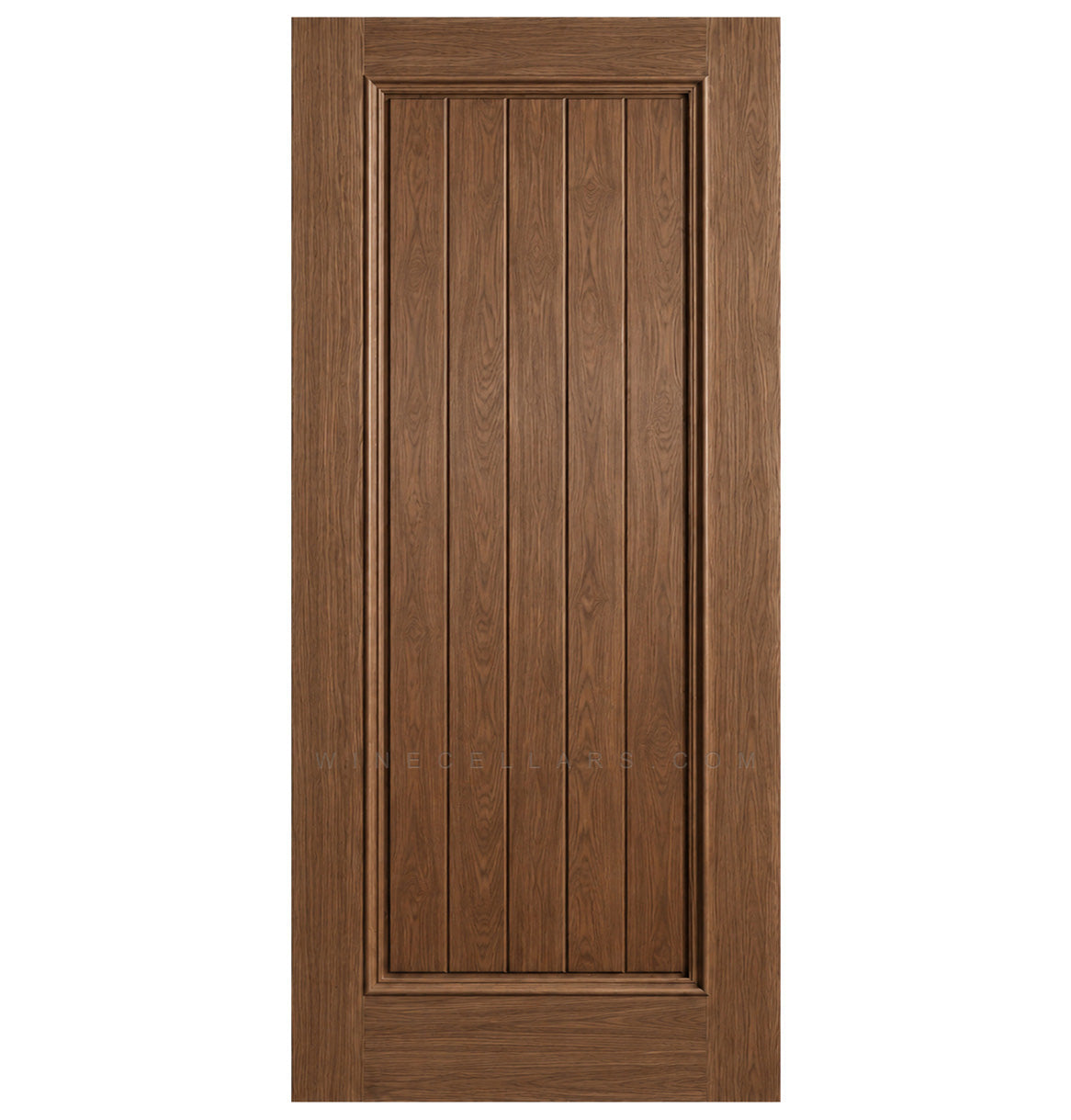 Solid wine cellar door with square top, rich brown finish, framed vertical panel slats.