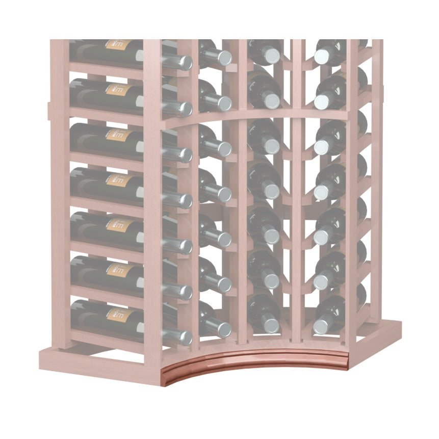 Curved corner wine rack base molding with warm brown arched trim